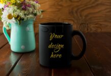 Black Coffee Mug Rustic Mockup with Wildflowers in Mint Green Vase Poster 1