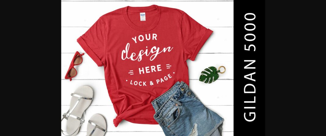 Female Red Gildan 5000 T Shirt Flat Lay Poster 1