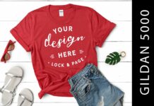 Female Red Gildan 5000 T Shirt Flat Lay Poster 1