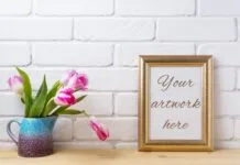 Gold Decorated Frame Mockup with Magenta Pink Tulips. Gold Decorated Frame Mockup with Magenta Pink Tulips. Poster 1