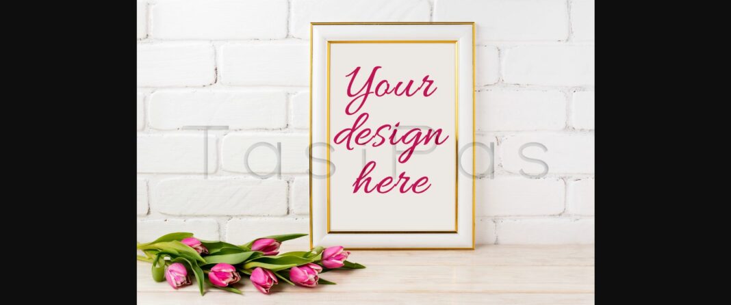 Gold Decorated Frame Mockup with Magenta Tulips Bouquet Poster 4