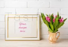 Gold Decorated Landscape Frame Mockup with Bright Pink Tulips in Golden Vase Gold Decorated Landscape Frame Mockup with Bright Pink Tulips in Golden Vase Poster 1