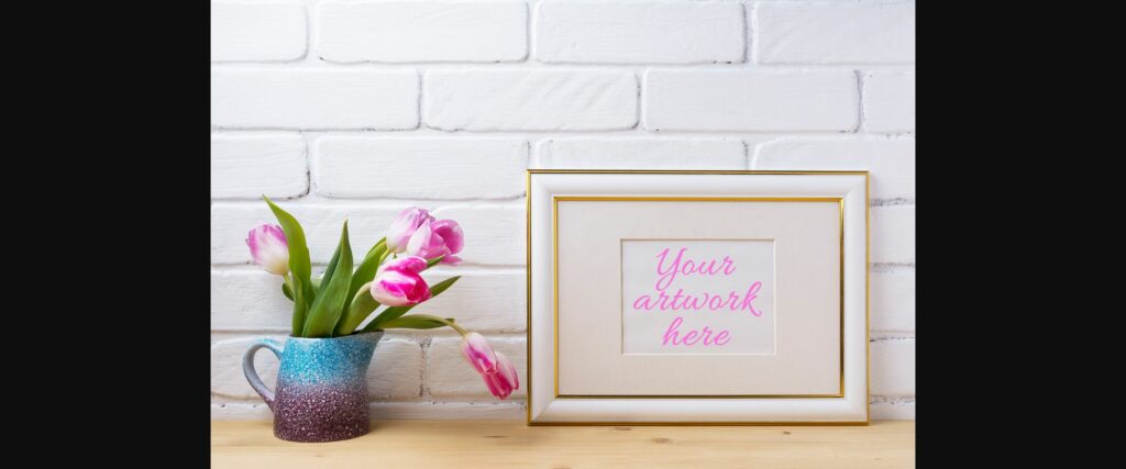 Gold Decorated Landscape Frame Mockup with Magenta Tulips. Poster 3