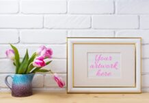 Gold Decorated Landscape Frame Mockup with Magenta Tulips. Poster 1