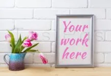 Silver Frame Mockup with Pink Tulip in Purple Blue Vase Silver Frame Mockup with Pink Tulip in Purple Blue Vase Poster 1
