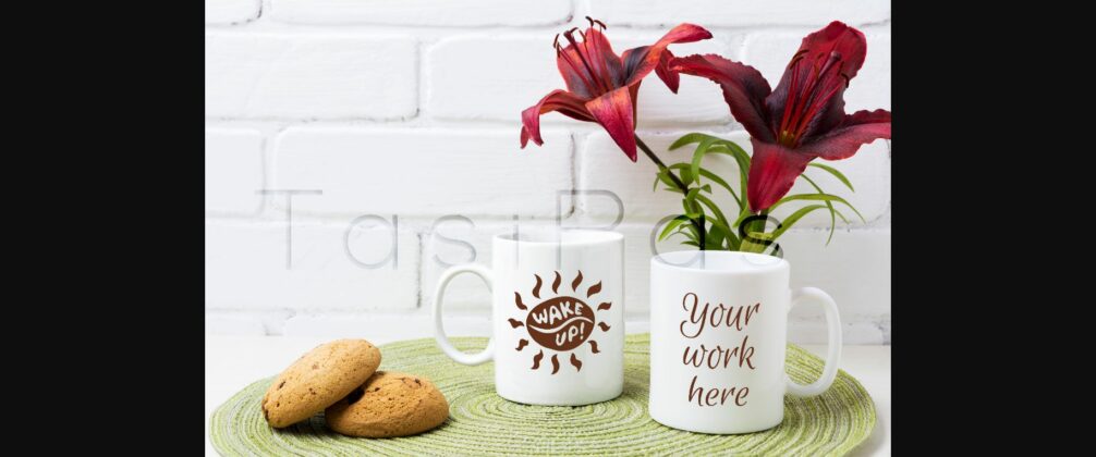 Two Coffee Mug Mockup with Red Lily and Cookie Poster 1