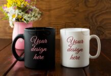 White and Black Mug Rustic Mockup with Wildflowers in Pink Vase Poster 1