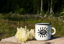 White Campfire Enamel Mug Mockup with White Flowers. Poster 1