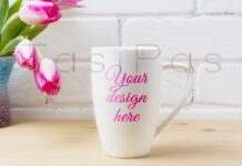 White Coffee Cappuccino Mug Mockup with Magenta Pink Tulips Poster 1