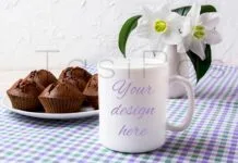White Mug Mockup with Chocolate Muffins on Plate White Mug Mockup with Chocolate Muffins on Plate Poster 1