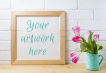Wooden Square Frame Mockup with Pink Tulip in Mint Pitcher Vase Poster 1